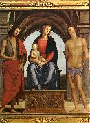 PERUGINO, Pietro Madonna Enthroned between St. John and St. Sebastian (detail) AF oil